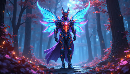 Fototapeta premium Futuristic fairy prince in armored suit with glowing butterfly wings, standing in an enchanted forest