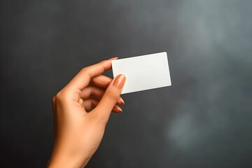 Well-manicured hand with polished nails gently holds a blank card, surrounded by a soft gray backdrop that enhances the focus on the card's clean surface.
