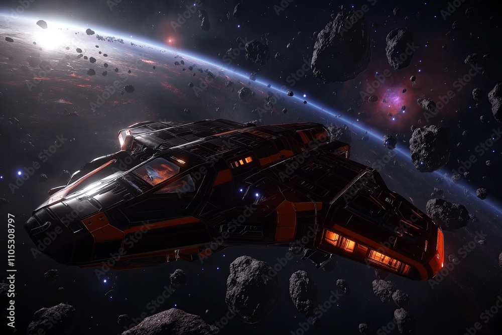 Aufkleber A lone spaceship exploring a massive asteroid field with distant galaxies in the background