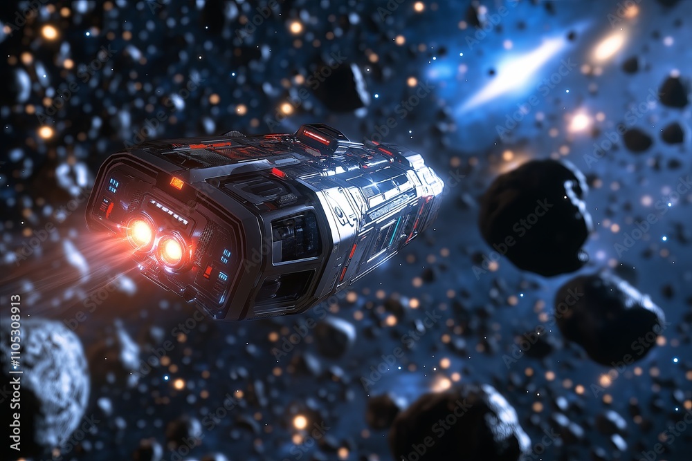 Poster A lone spaceship exploring a massive asteroid field with distant galaxies in the background