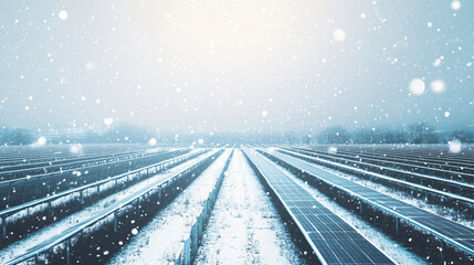 Fototapeta premium A snow-covered solar farm with rows of frosted solar panels and light snow falling.