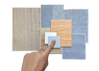 interior architect selects material samples contains wooden laminate flooring tile, artificial stone, wooden vinyl flooring tile, quartz stone, grey fabric isolated on background with clipping path.