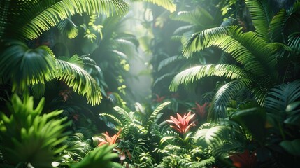 Jungle leaves, ferns, humid, Tropical ferns growing in a rainforest.