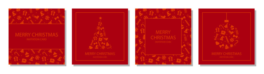 Merry Christmas greeting card vector poster set. Christmas elegant invitation templates with xmas ornaments decoration. Holiday Wishes in modern minimalist style for web, social media, print