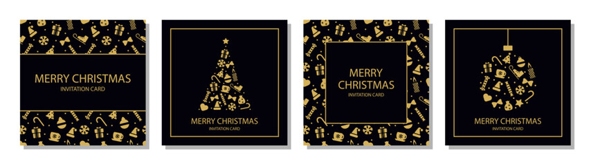 Christmas Greeting Cards set. Luxury Invitation Posters in Black and Golden colors. Holiday Brochures with Christmas Ornament and Lettering. Elegant Postcards with Christmas Tree, Balls, Baubles.