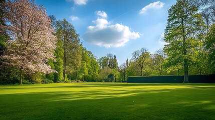 Fototapeta premium Vibrant spring nature backdrop with a pristine, neatly trimmed lawn and lush trees under a clear blue sky adorned with soft clouds on a sunny day