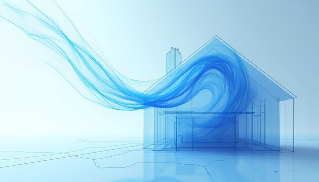 Abstract representation of home ventilation system upgrade with flowing blue air currents around a house outline