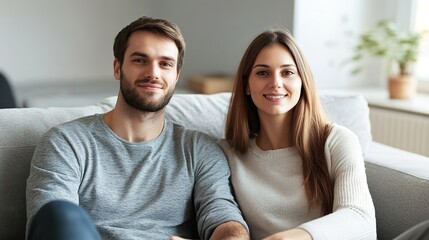 Fototapeta premium Smiling couple sitting on couch in cozy room