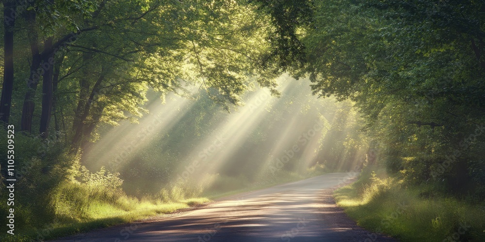 Poster scenic country road leading into a tranquil forest with sunlight filtering through the trees, creati