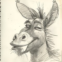 A sketch of a cartoon donkey with a playful expression and exaggerated features.