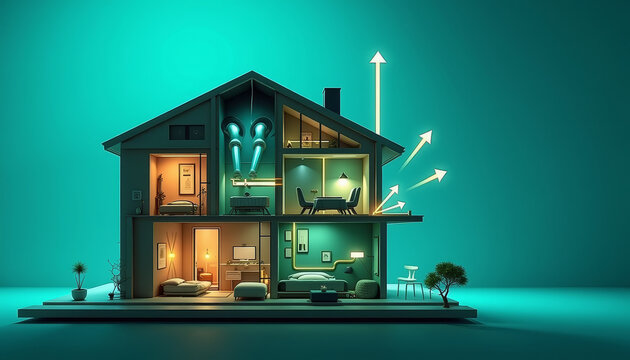Stylized 3D model of a house illustrating home ventilation system upgrade with airflow arrows and cozy ambiance