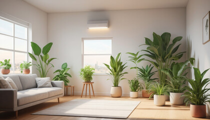 Cozy living room with vibrant plants and home ventilation system upgrade for fresh air comfort