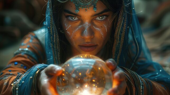 A future-telling woman shrouded in a witchy, flowing outfit, her face partially veiled to add an air of enigma. Her hands are delicately positioned around a glowing crystal ball.