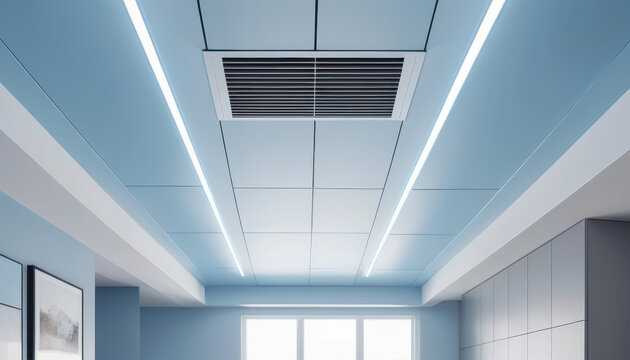 Modern interior with stylish blue ceiling and efficient home ventilation system upgrade for fresh air