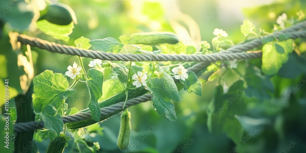 Poster Green branches of cucumbers twist and turn along ropes on a trellis. The thriving cucumbers show delicate blossoms, creating a beautiful garden scene with a shallow depth of field.