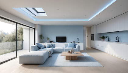 Sleek modern living room with a home ventilation system upgrade and stylish open layout