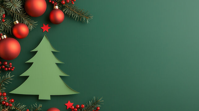 Christmas tree decoration with red ornaments and green background