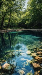 Obraz premium Serene water body reflecting trees, surrounded by lush greenery and clear rocks, perfect for nature enthusiasts and tranquil retreats.