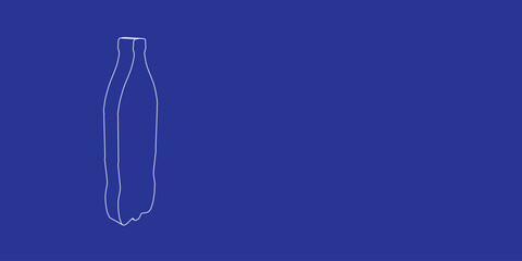The outline of a large plastic bottle symbol made of white lines on the left. 3D view of the object in perspective. Vector illustration on indigo background