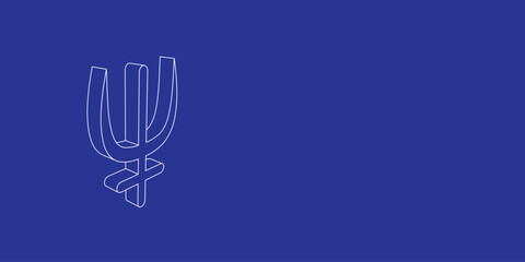 The outline of a large astrological neptune symbol made of white lines on the left. 3D view of the object in perspective. Vector illustration on indigo background