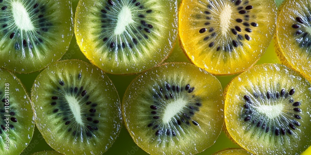 Poster Close up shot showcasing the vibrant details of kiwi fruit, highlighting the unique texture and colors that make kiwi fruit a delightful addition to any culinary creation.