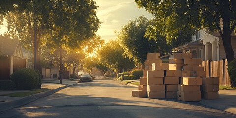 Residential Street Filled with Moving Boxes at Dawn