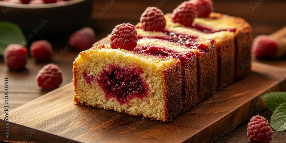 Poster raspberry pound cake displayed on a cutting board, showcasing the rich texture and vibrant color of 