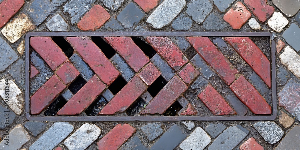 Aufkleber metal drain combined with red and grey bricks creates a striking visual contrast. this metal drain s