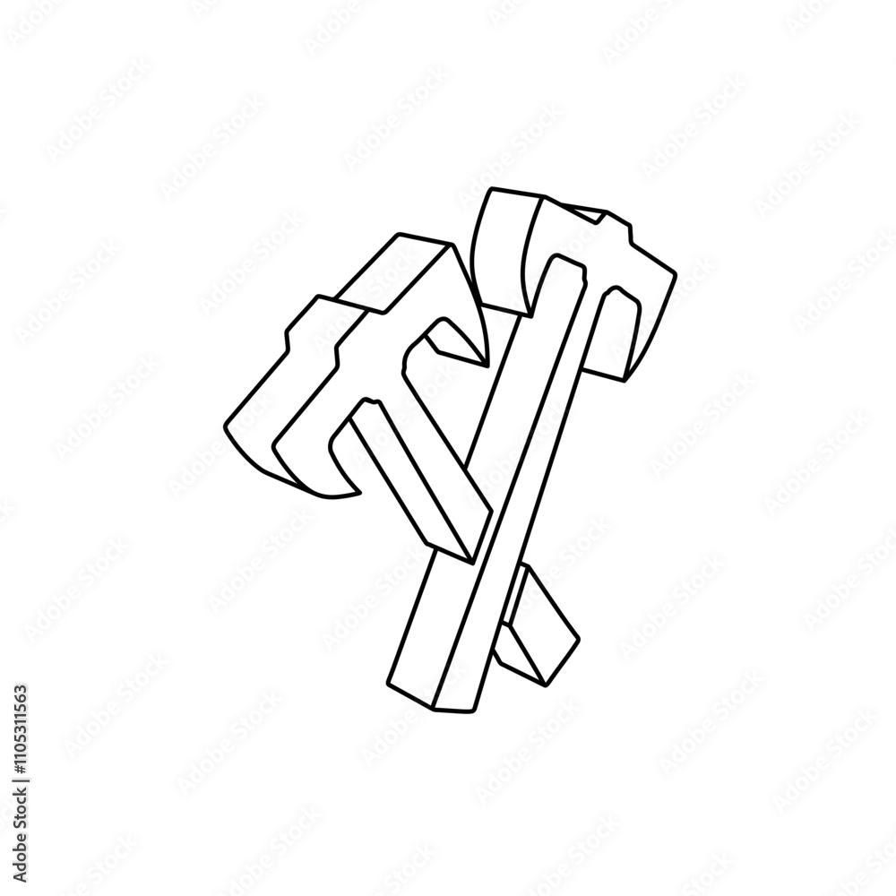 Poster the outline of a large crossed axes symbol is made with black lines. 3d view of the object in perspe