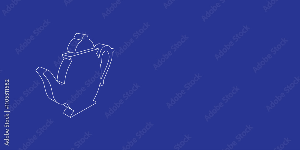 Poster the outline of a large teapot made of white lines on the left. 3d view of the object in perspective.