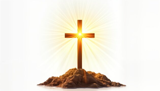 Religious symbol Christian cross on small hill with divine light rays. Spiritual imagery. Faith, hope concept. Isolated on transparent background. Religious icon. Symbol of Christianity. Spiritual