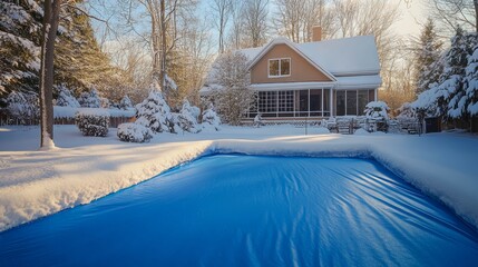 A serene winter scene of snow-covered house and pool by trees.