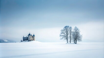 Serene Winter Landscape Featuring a Stone Tower and Leafless Trees on a Snow Covered Plain