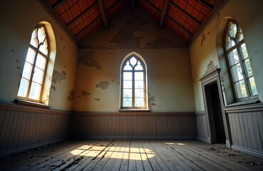 Abandoned old wood chapel interior. Sunlight streams through broken stained-glass windows. Weathered wood walls, floor show decay. Empty space, scattered debris visible. Solitude, melancholic