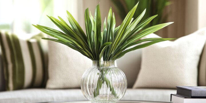 Artificial Pandan Displayed in Glass Vase This stunning artificial pandan arrangement showcases the beauty and elegance of pandan, perfect for enhancing any space with a touch of greenery.