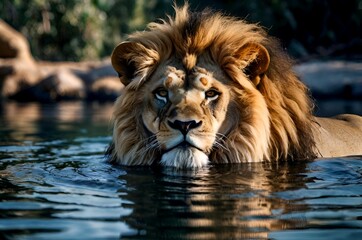 Magnificent lion, a symbol of power and grace, cools off in a waterhole.