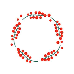 Vibrant red berries arranged in a circular pattern with green branches against a white background