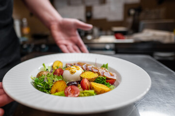 A chef presenting a beautifully plated gourmet dish featuring fresh vegetables, cherry tomatoes, and a creamy element, showcasing culinary artistry in a modern kitchen setting.