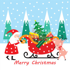 Christmas santa, reindeer and sleigh for greeting card and gift bag or box design
