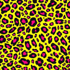 Neon yellow background with bold black and pink leopard spots, creating a vibrant and trendy seamless pattern perfect for fashion and textile designs