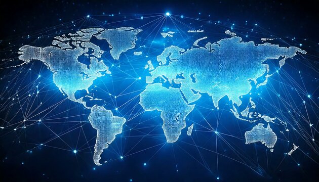 Fond bleu clair avec carte du monde num&eacute;rique et connexions globales