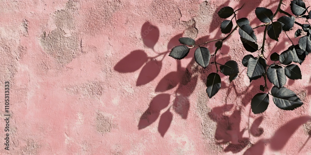 Fototapete Shadows of rose leaves create an intriguing pattern on a textured pink concrete wall, showcasing the unique roughness and irregularities. This abstract nature concept offers a stylish backdrop for