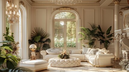 Chic living room in classic style in light shades, everything looks very chic and expensive, lots of greenery and flowers, luxury.