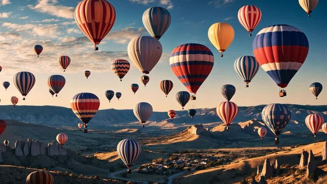 Video footage of Colorful hot air balloons float over a rugged landscape during sunrise, creating a picturesque and serene view with vibrant patterns against the sky