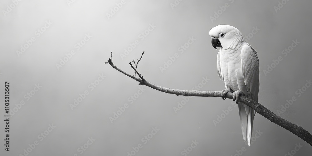 Poster black and white parrot perched on a tree branch against a grey paper background, providing a strikin