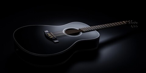 Elegant black acoustic guitar with shining guitar strings, showcasing its smooth body and refined...