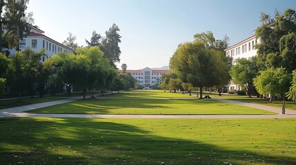 A university campus with trees and green grass, white buildings in the background.