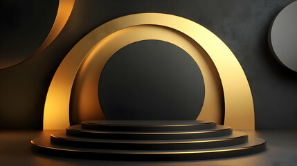 Fototapeta premium Abstract 3D Render: Gold & Black Circular Platform with Illuminated Background