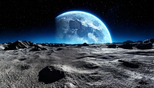 Vue lointaine de la Terre depuis la surface rocheuse de la Lune
