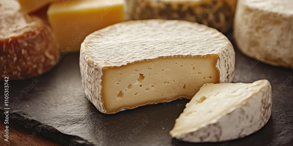 Poster Cheese displayed on a slate surface, highlighting the rich texture and color of the cheese. This close up of cheese showcases its unique characteristics and appealing details.